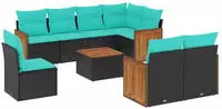 vidaXL 9-teiliges Gartensofa-Set mit Kissen, schwarzes Polyrattan