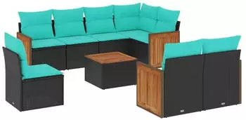 vidaXL Gartensofa-Set 9-teilig mit Kissen, schwarzes Polyrattan (3227849)