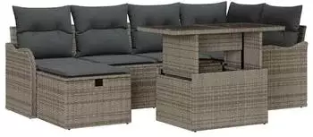 vidaXL Gartenlounge-Set 7-tlg. mit Kissen und Stauraum, Poly-Rattan, Grau (3361048)