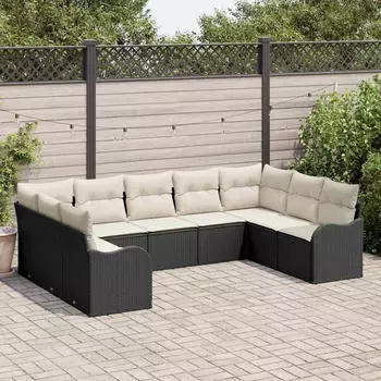 vidaXL Garten-Sofa-Set mit Kissen 9-teilig Schwarz Poly Rattan (3345857)