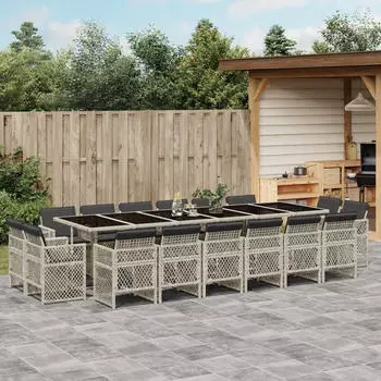 vidaXL Garten-Essgruppe 17-tlg. mit Kissen, Poly Rattan, Hellgrau (3210887)