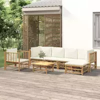7-tlg. Garten-lounge-set Mit Cremewei&szlig;en Kissen Bambus Vidaxl