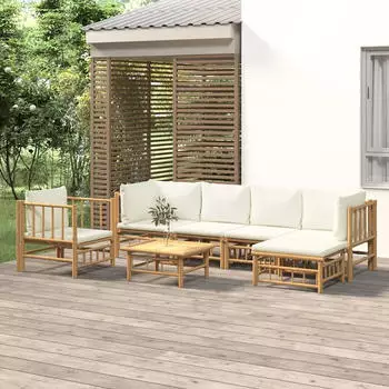 vidaXL Garten-Lounge-Set 7-tlg. Bambus cremewei&szlig;e Kissen (3155198)