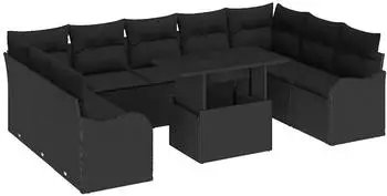 vidaXL Garten-Sofa-Set mit Kissen 10-tlg. Poly Rattan Schwarz