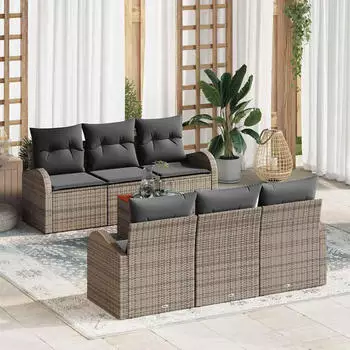 vidaXL Garten-Sofagarnitur 7-tlg. mit Kissen, Poly-Rattan/Akazie, Grau (3347524)