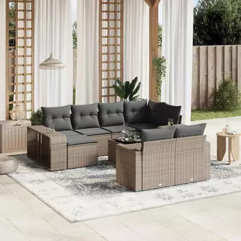 vidaXL Garten-Sofagarnitur 11-tlg. mit Kissen, Poly Rattan, Beige (3228918)