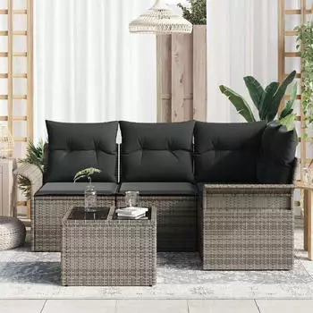 vidaXL Gartensofa-Set mit Stauraum 5-tlg. Grau Poly-Rattan (3354018)