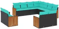 vidaXL 11-teiliges Gartensofa-Set mit Kissen, schwarzes Polyrattan