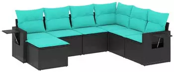 vidaXL Gartensofa-Set 7-teilig mit Kissen, Polyrattan Schwarz (3220496)