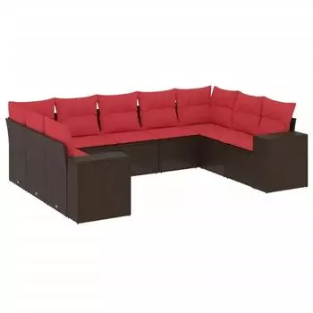 vidaXL Gartensofa-Set 9-teilig mit Kissen, Polyrattan, Braun (3223003)