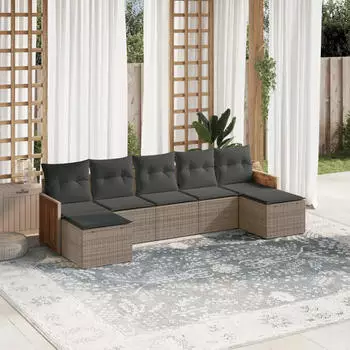 vidaXL Garten-Sofagarnitur 7-tlg. mit Kissen, Poly Rattan, Beige (3260315)