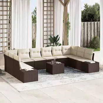 vidaXL Garten-Sofa-Set mit Kissen, 11-tlg., Poly-Rattan, Braun (3347248)