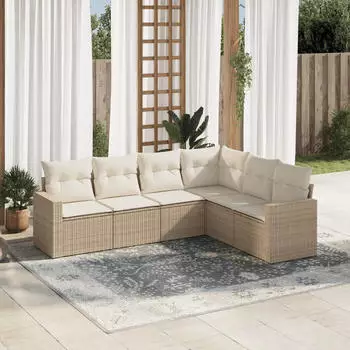 vidaXL Garten-Sofagarnitur 6-tlg. mit Kissen, Poly Rattan, Schwarz (3251342)