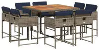 vidaXL 9-teiliges Garten-Ess-Set mit Kissen, grau, Polyrattan