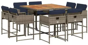 vidaXL Garten-Ess-Set 9-teilig mit Kissen, Polyrattan, grau (3278152)