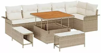 vidaXL Garten-Sofa-Set mit Kissen 9-teilig Poly Rattan Beige (3364096)