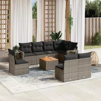 vidaXL Gartenlounge-Set 9-tlg. Poly Rattan mit Kissen, Beige (3256933)
