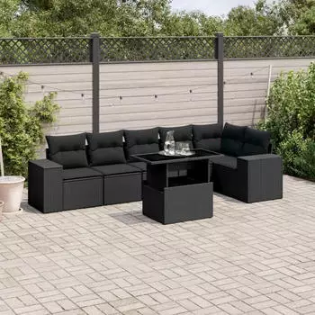 vidaXL Garten-Sofagarnitur 7-tlg. mit Kissen, Polyrattan, Schwarz (3269175)