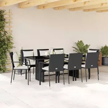 vidaXL Garten-Essgruppe 7-tlg. mit Kissen, Poly Rattan, Schwarz (3213490)