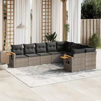 vidaXL Garten-Sofagarnitur 9-tlg. mit Kissen, Poly Rattan, Schwarz (3259542)