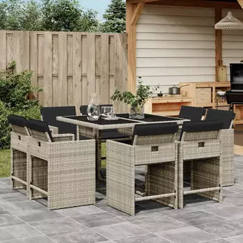 vidaXL Garten-Essgruppe 9-tlg. mit Kissen, Poly Rattan, Schwarz (3277970)