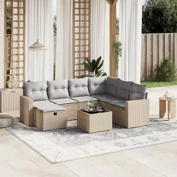 vidaXL Garten-Sofagarnitur 7-tlg. mit Kissen Schwarz Poly Rattan (3263521)