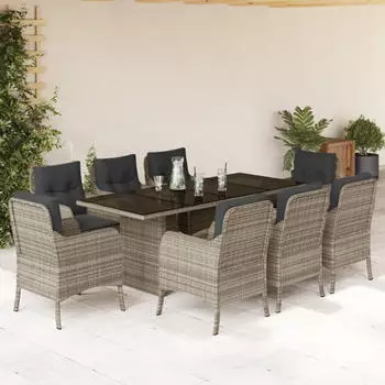 vidaXL Garten-Essgruppe 9-tlg. Poly Rattan Beige mit Kissen (3211889)