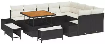 vidaXL Gartensofa-Set mit Kissen 12-tlg. Schwarz Poly Rattan (3364765)