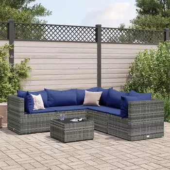 vidaXL Garten-Lounge-Set 6-tlg. mit Kissen Poly Rattan Grau (3308135)