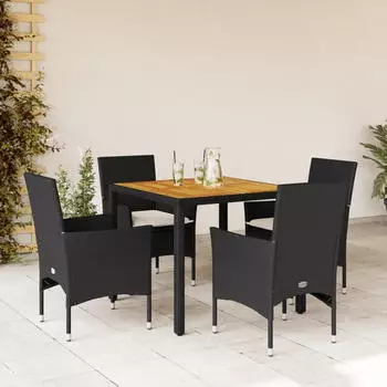 vidaXL Garten-Essgruppe 7-tlg. Poly Rattan/Akazie mit Kissen, Schwarz (3278672)
