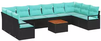 vidaXL Gartenlounge-Set mit Kissen 11-tlg., Poly-Rattan, Schwarz (3347760)