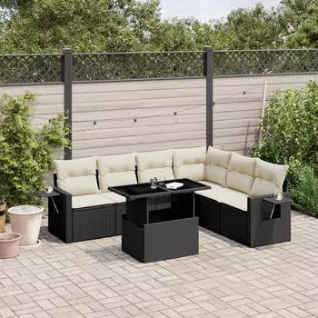 vidaXL Garten-Sofagarnitur 7-tlg. mit Kissen Poly Rattan Beige (369)