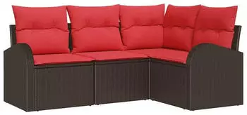 vidaXL Gartensofa-Set mit Kissen 4-tlg. Poly-Rattan Braun/Rot (3354693)