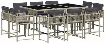 vidaXL Garten-Essgruppe 11-tlg. mit Kissen Poly Rattan Hellgrau (3211571)