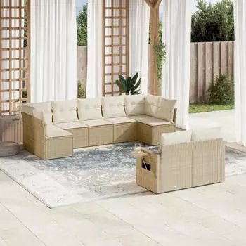 vidaXL Garten-Sofagarnitur 9-tlg. mit Kissen, Poly Rattan, Beige (3252956)