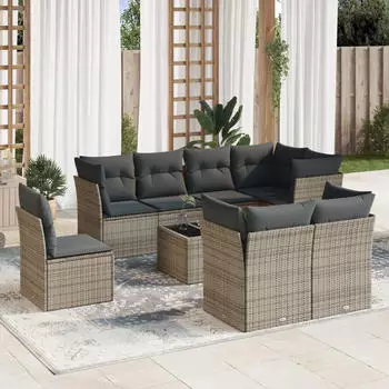 vidaXL Garten-Sofagarnitur 9-tlg. mit Kissen, Poly Rattan, Schwarz (3249775)