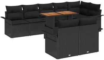 vidaXL Garten-Essgruppe 9-teilig mit Kissen, Poly-Rattan/Akazie, Schwarz (3349351)