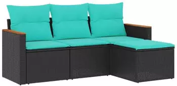 vidaXL Gartensofa-Set 4-teilig mit Kissen, Polyrattan Schwarz (3225903)