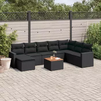vidaXL Garten-Sofagarnitur 9-tlg. mit Kissen, Poly Rattan, Schwarz (3256587)