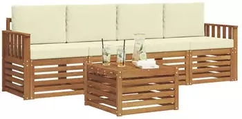vidaXL Outdoor-Sofagarnitur 5-tlg. Akazien-Massivholz Natur/Creme (3374320)