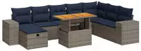 vidaXL 9-tlg. Garten-Sofagarnitur mit Kissen Grau Poly Rattan Akazie