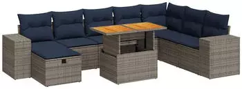 vidaXL Garten-Sofagarnitur 9-tlg. Poly Rattan Akazie Grau mit Kissen (3328104)