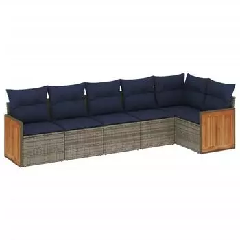 vidaXL Gartensofa-Set 6-teilig mit Kissen, Polyrattan, Grau (3227671)