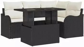 vidaXL Garten-Sofa-Set mit Kissen 5-teilig Schwarz Poly-Rattan (3357190)