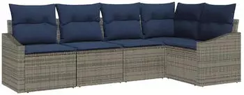 vidaXL Gartensofa-Set mit Kissen 5-tlg. Poly-Rattan Grau/Marineblau (3355394)