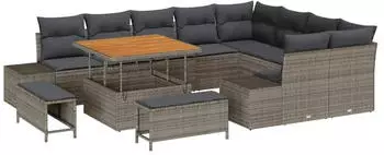 vidaXL Gartenlounge-Set 12-tlg. mit Kissen, Poly-Rattan/Akazie, Grau (3362818)