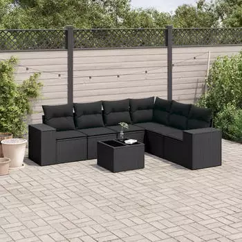vidaXL Garten-Sofagarnitur 7-tlg. mit Kissen Schwarz Poly Rattan (3222614)