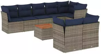 vidaXL Garten-Sofagarnitur 9-tlg. mit Kissen Poly Rattan Grau (3256068)