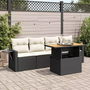 vidaXL Garten-Sofagarnitur 5-tlg. mit Kissen, Poly Rattan, Schwarz (3271630)