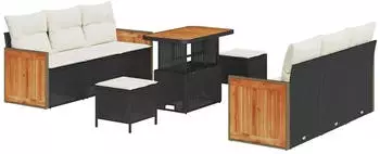 vidaXL Garten-Sofa-Set mit Kissen 9-teilig Poly Rattan/Akazie Schwarz (3363260)